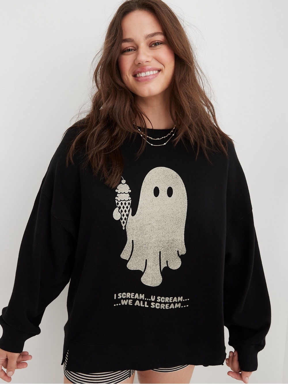 Aerie The Chill Crewneck Black Ghost Graphic Sweatshirt